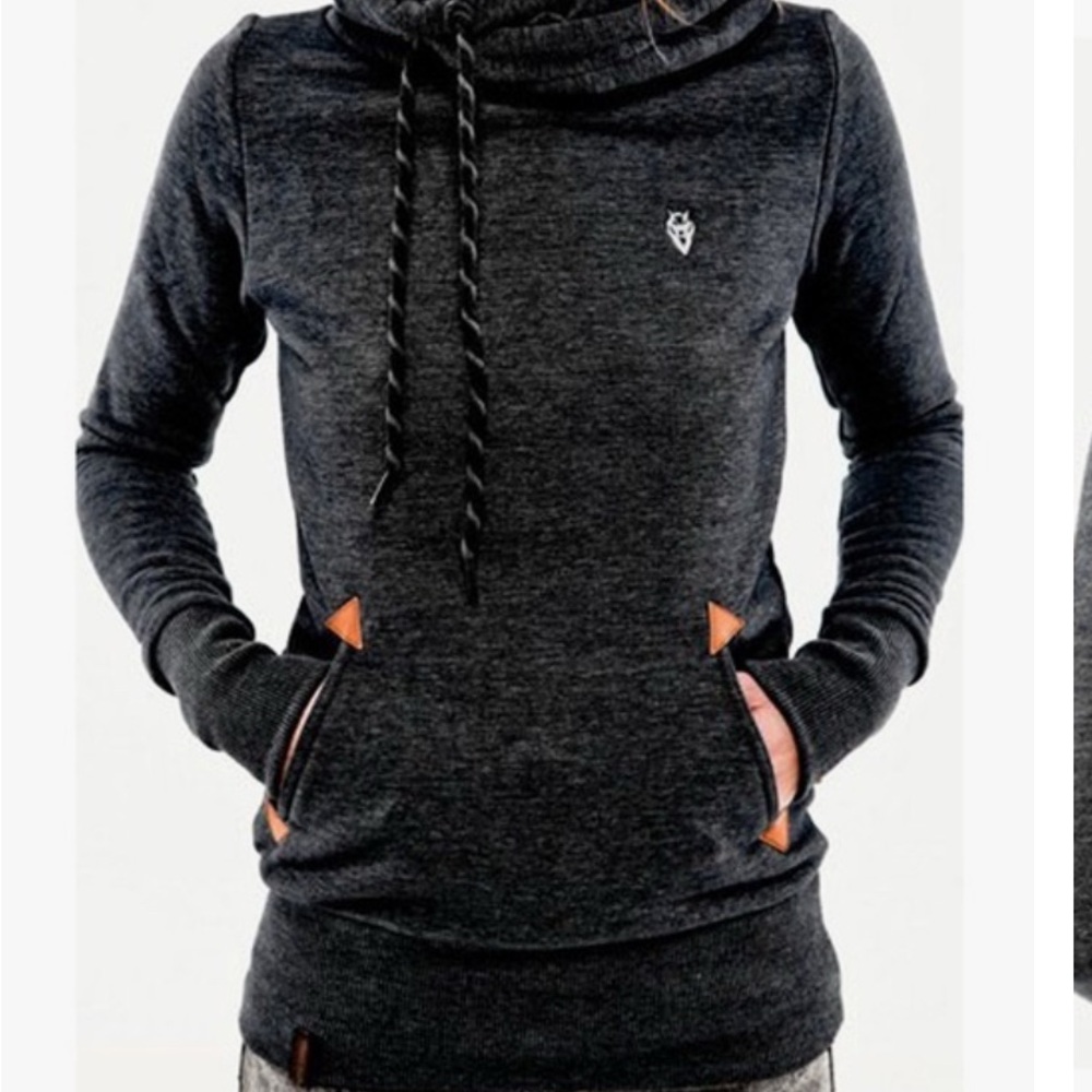 Womens Dark Heather Grey Cowl Neck Hoodie With Leather Pocket Accents‎